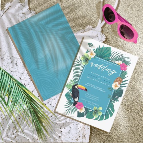 Watercolor Tropical wToucan Wedding Teal ID577 Invitation