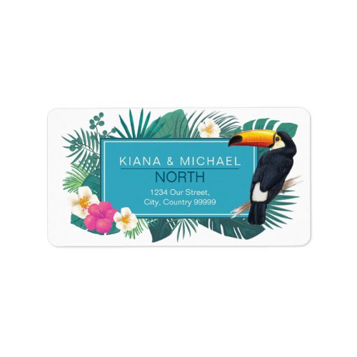 Watercolor Tropical wToucan Wedding Teal ID577 Label