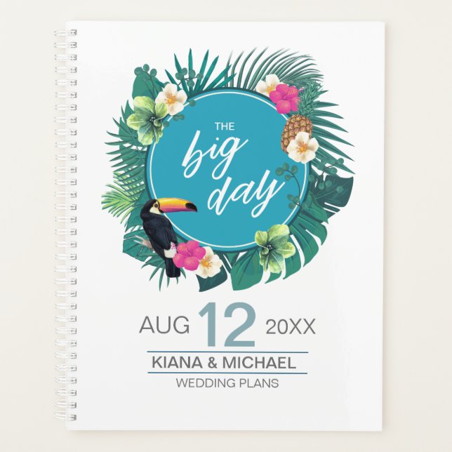Watercolor Tropical w/Toucan Wedding Teal ID577 Planner (Front)