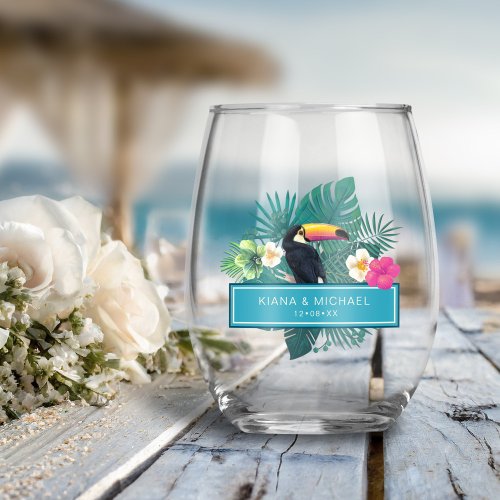 Watercolor Tropical wToucan Wedding Teal ID577 Stemless Wine Glass