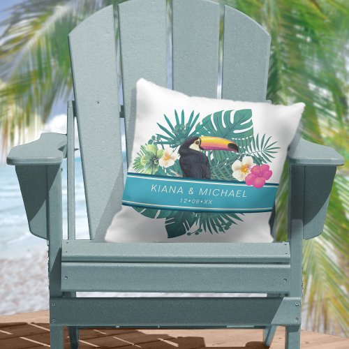 Watercolor Tropical wToucan Wedding Teal ID577 Throw Pillow