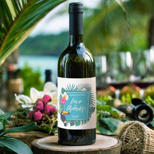 Watercolor Tropical wToucan Wedding Teal ID577 Wine Label