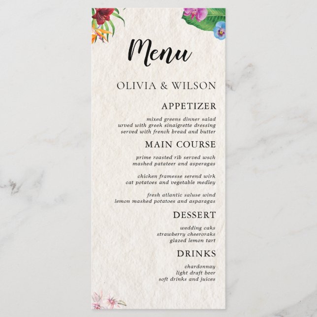 Watercolor Tropical Wedding Flat Menu (Front)