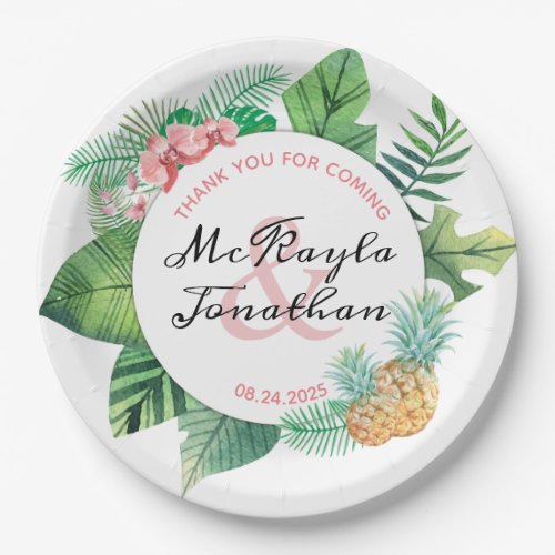 Watercolor Tropical Wedding Pineapple Orchid Leaf Paper Plates