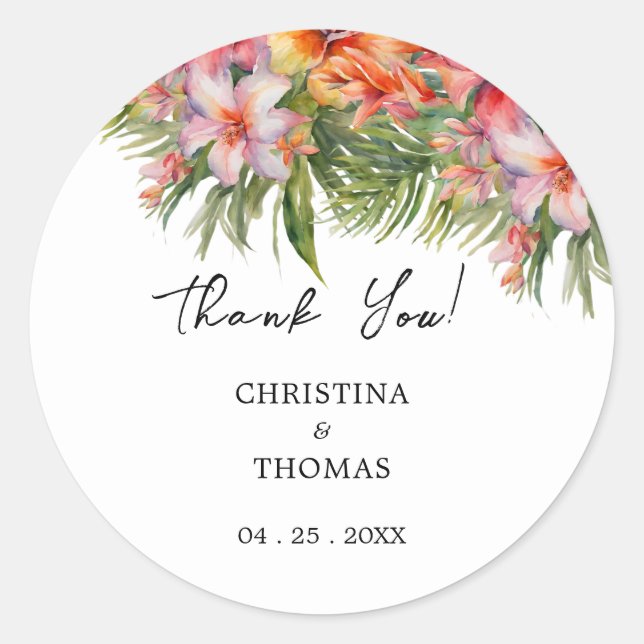 Watercolor Tropical Wedding Thank You Classic Round Sticker (Front)