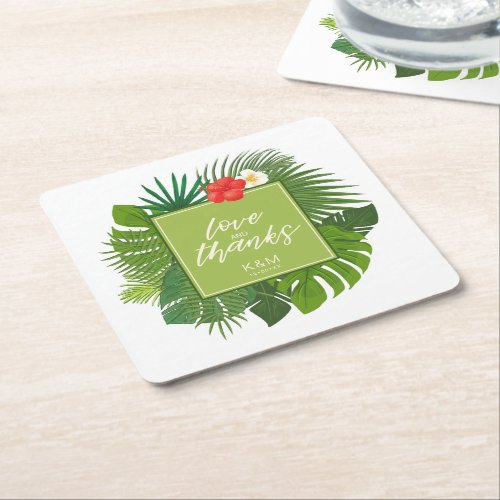 Watercolor Tropical Wedding Thanks Green ID577 Square Paper Coaster