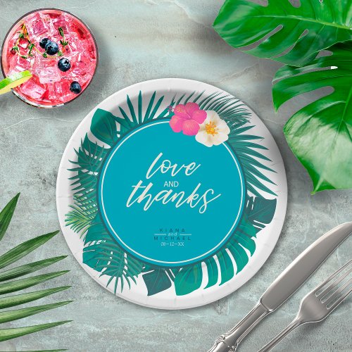 Watercolor Tropical Wedding Thanks Teal ID577 Paper Plates