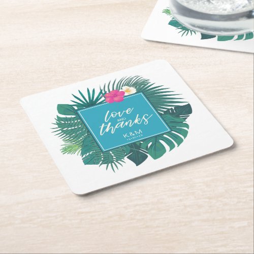 Watercolor Tropical Wedding Thanks Teal ID577 Square Paper Coaster