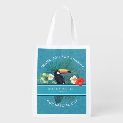 Watercolor Tropical Wedding Thanks You Teal ID577 Grocery Bag