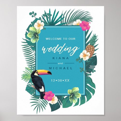Watercolor Tropical Wedding Welcome Teal ID577 Poster