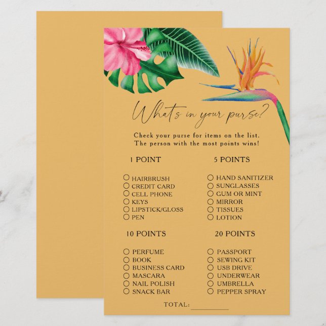 Watercolor tropical - What's in your purse game (Front/Back)