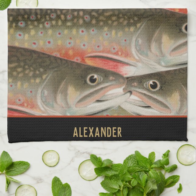 Watercolor Trout Pattern Fisherman chef cook  Kitchen Towel (Folded)
