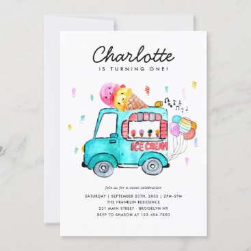Watercolor Truck Balloon Kids Ice Cream Birthday Invitation