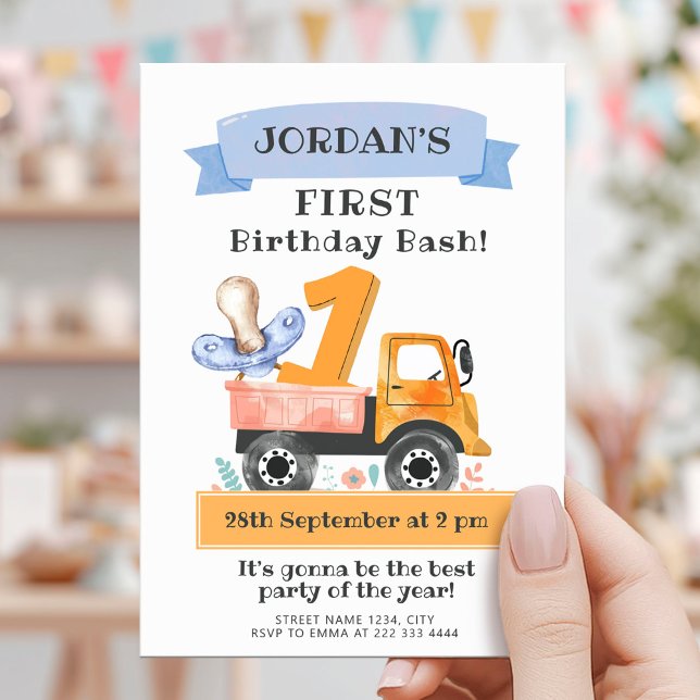 Watercolor truck first birthday party with playful invitation (Creator Uploaded)