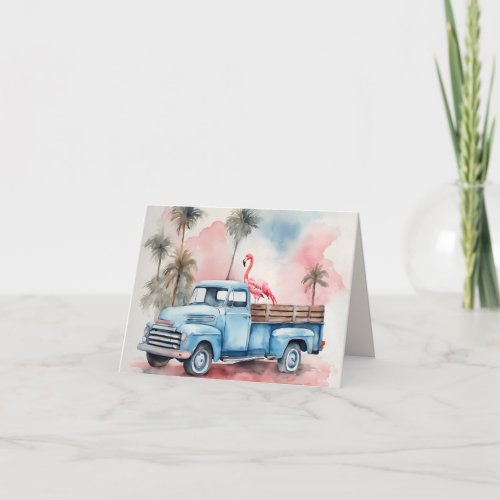 Watercolor Truck With Flamingo Note Card