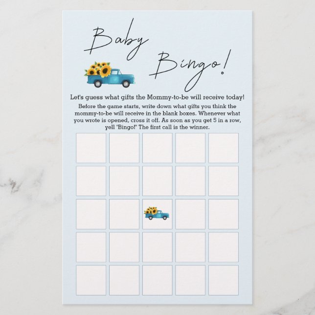 Watercolor Truck with Sunflower Baby Bingo Game (Front)
