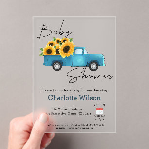 Watercolor Truck with Sunflower Baby Shower Acrylic Invitations