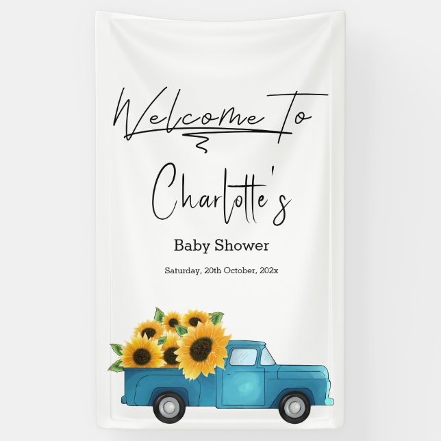 Watercolor Truck with Sunflower Baby Shower Banner (Vertical)