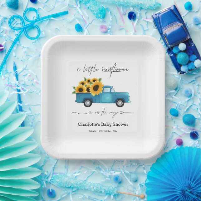 Watercolor Truck with Sunflowers Baby Shower Paper Plates (Party)