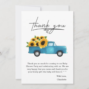 Watercolor Truck With Sunflowers Baby Shower Thank You Card