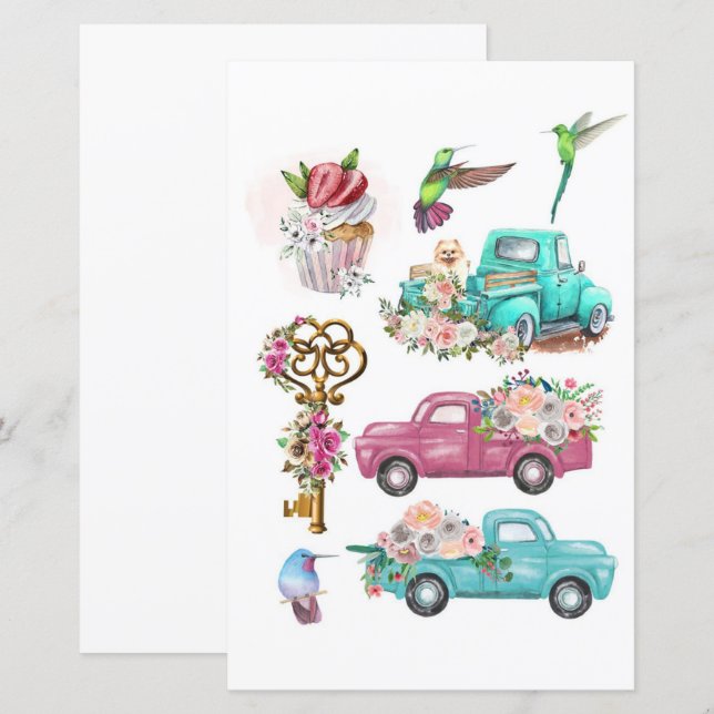 Watercolor trucks key bird to cut out and collage (Front/Back)