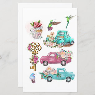 Watercolor trucks key bird to cut out and collage