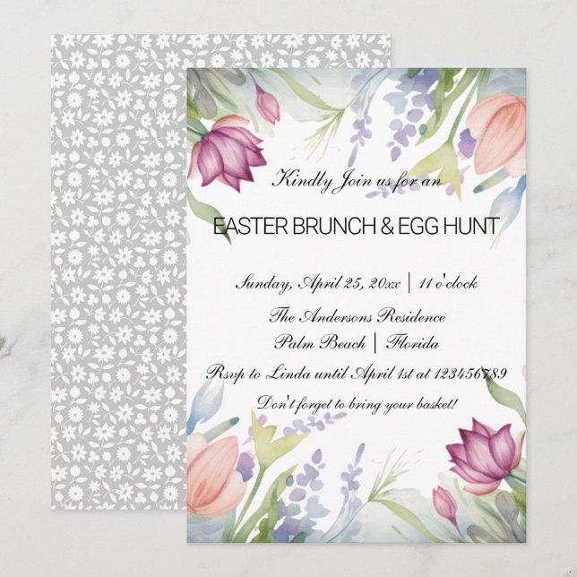 Watercolor Tulip Floral Easter Brunch & Egg Hunt Invitation (Front/Back)