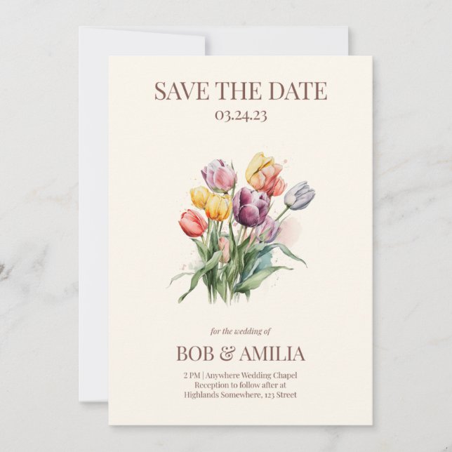 Watercolor Tulip Floral Rustic Wedding Invitation (Front)