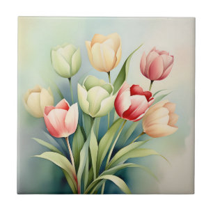 Watercolor Tulip Garden On Sage Green Ceramic Tile