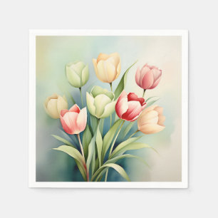 Watercolor Tulip Garden On Sage Green Napkins