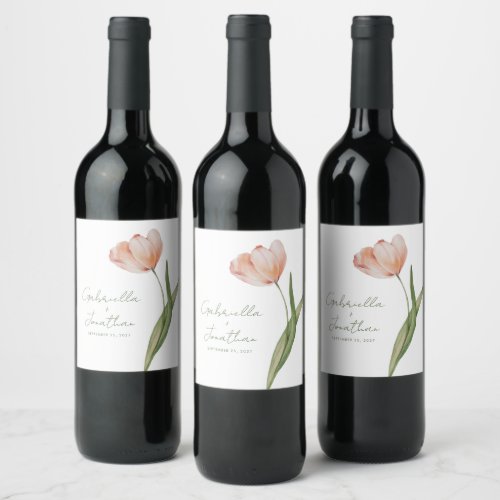 Watercolor Tulip Modern Minimalist Wedding Wine Label