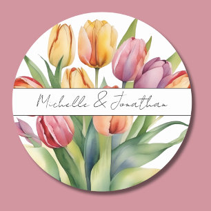 Watercolor Tulip Monogram Classic Round Sticker