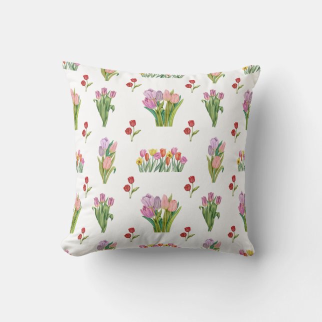 Watercolor Tulip Print Pattern Throw Pillow (Front)
