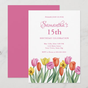 Watercolor Tulips 15th Birthday Invitation