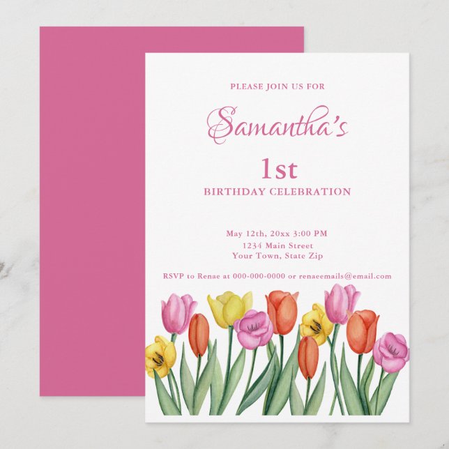 Watercolor Tulips 1st Birthday  Invitation (Front/Back)