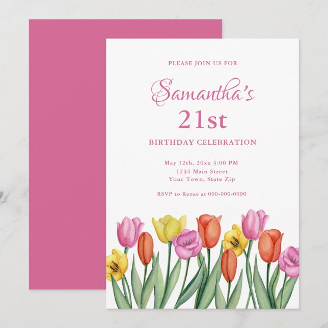 Watercolor Tulips 21st Birthday  Invitation (Front/Back)