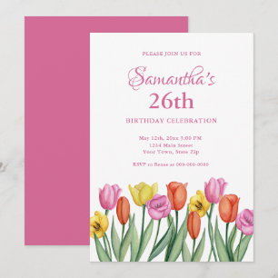 Watercolor Tulips 26th Birthday Invitation