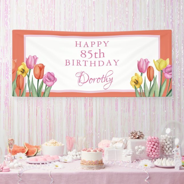 Watercolor Tulips 85th Birthday Party Banner (Party)