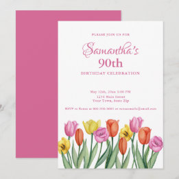 Watercolor Tulips 90th Birthday Party Invitation