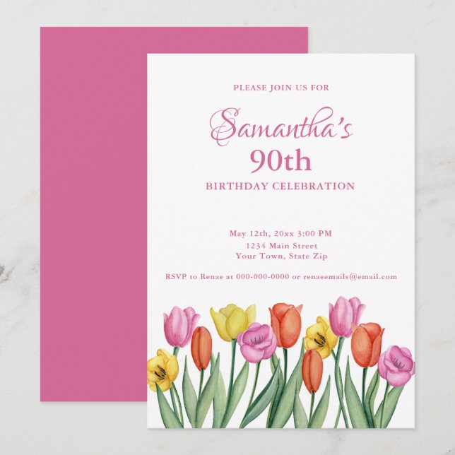 Watercolor Tulips 90th Birthday Party Invitation (Front/Back)