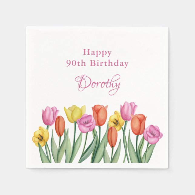 Watercolor Tulips 90th Birthday Party Napkins (Front)