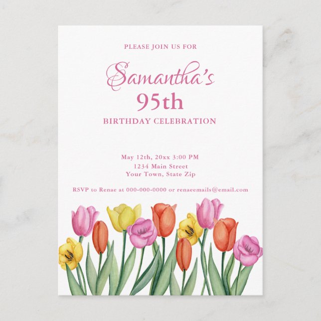 Watercolor Tulips 95th Birthday Party Postcard (Front)