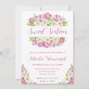 Watercolor Tulips and Daffodils Frame Sweet 16 Invitation