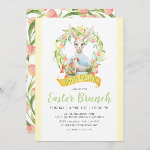 Watercolor Tulips and Rabbit Easter Brunch Invitation