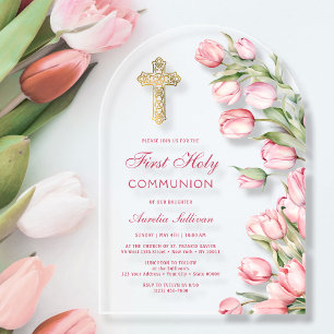 Watercolor Tulips Arch First Communion Acrylic Invitations