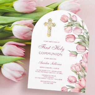 Watercolor Tulips Arch First Communion Invitation