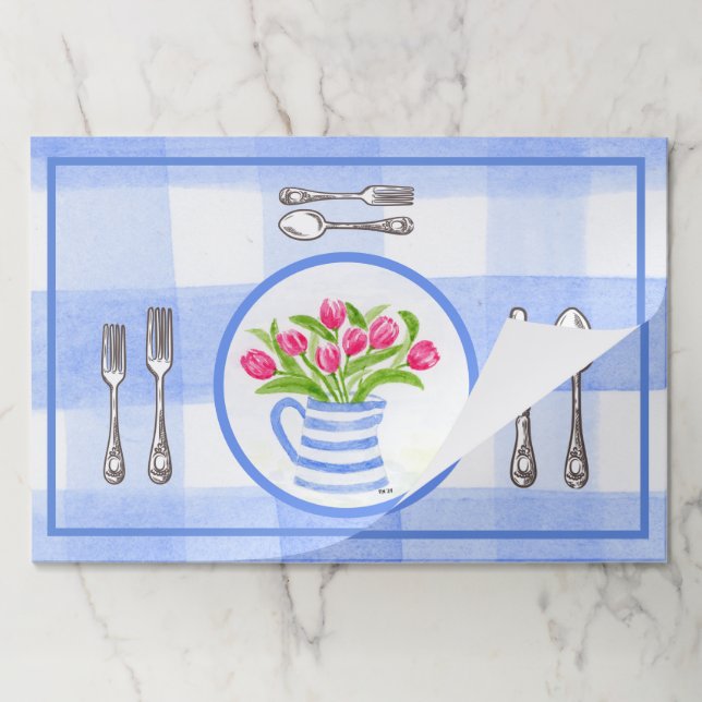 Watercolor TULIPS Blue Vase Check Paper Placemat (Folded)