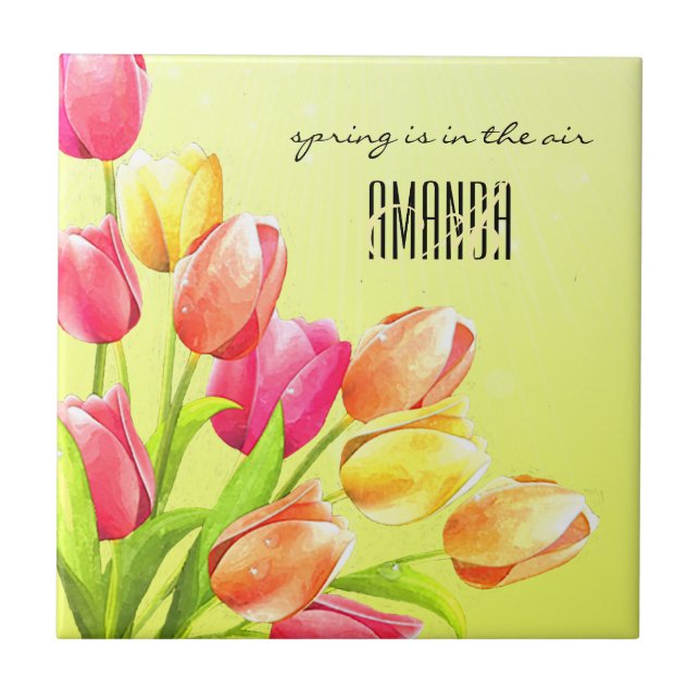 Watercolor Tulips Bouquet Monogram Ceramic Tile (Front)