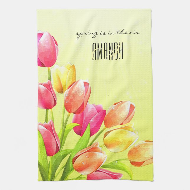 Watercolor Tulips Bouquet Monogram Kitchen Towel (Vertical)
