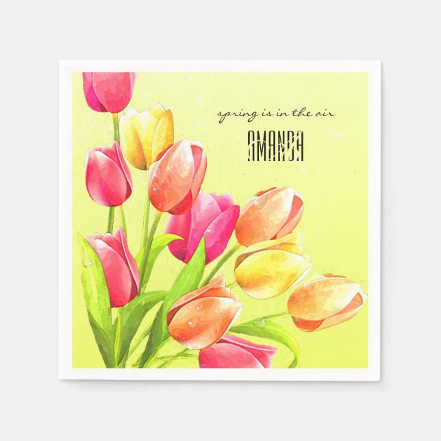 Watercolor Tulips Bouquet Monogram Napkins (Front)
